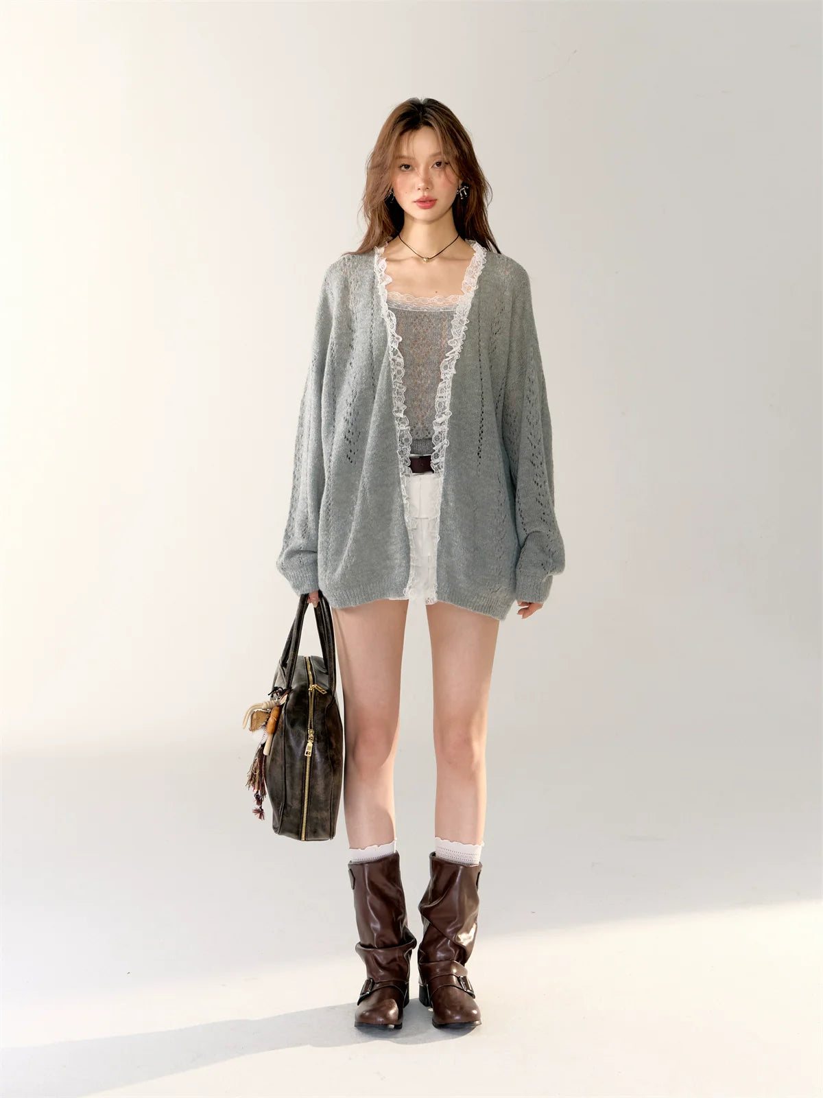 Gray &amp; Purple Lace Trim Tank Top