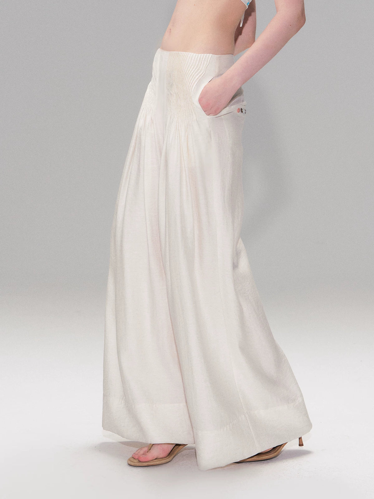 Beige Pleated Accordion Pants