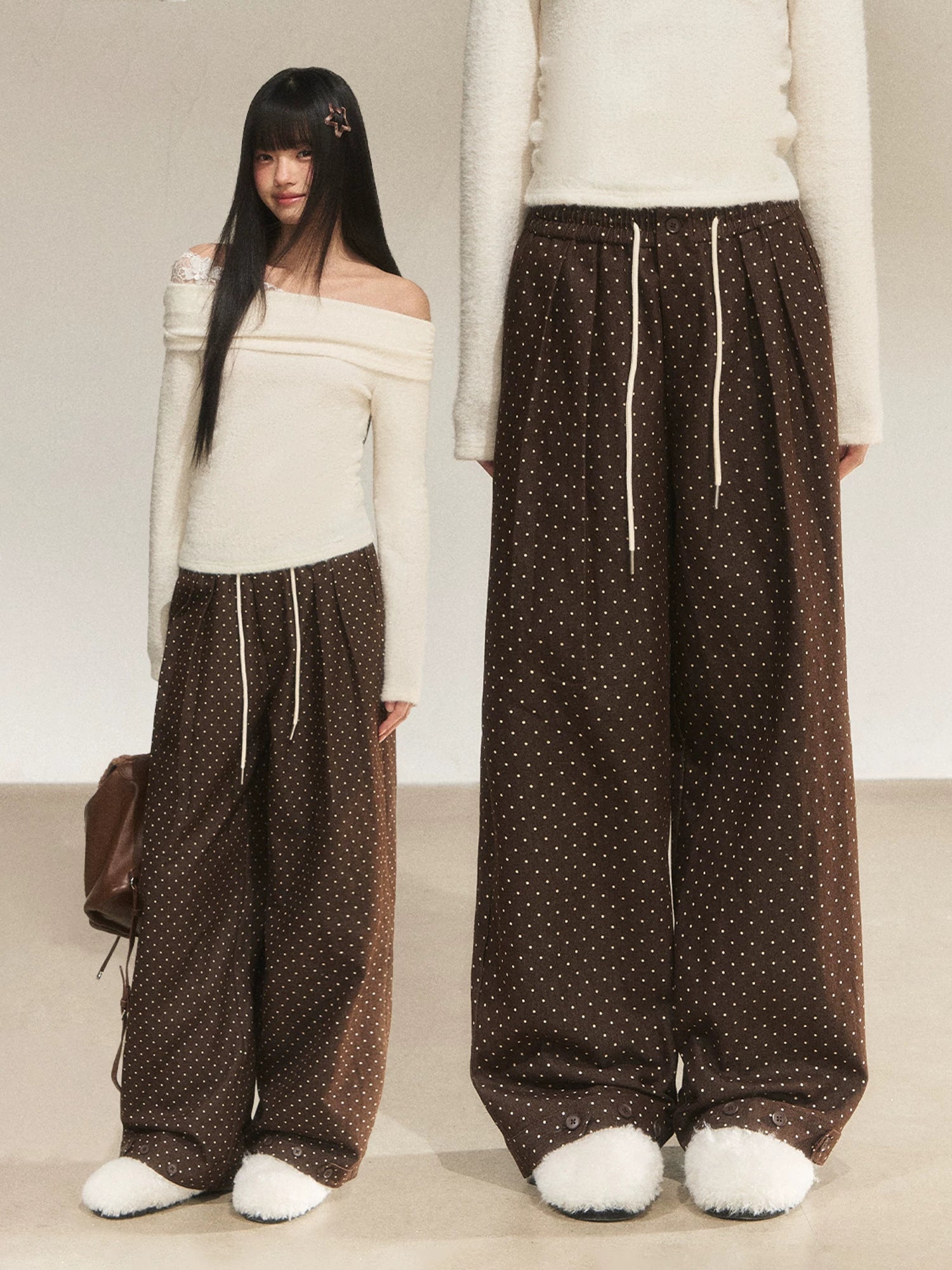 Vintage Polka Dot Straight-Leg Pants