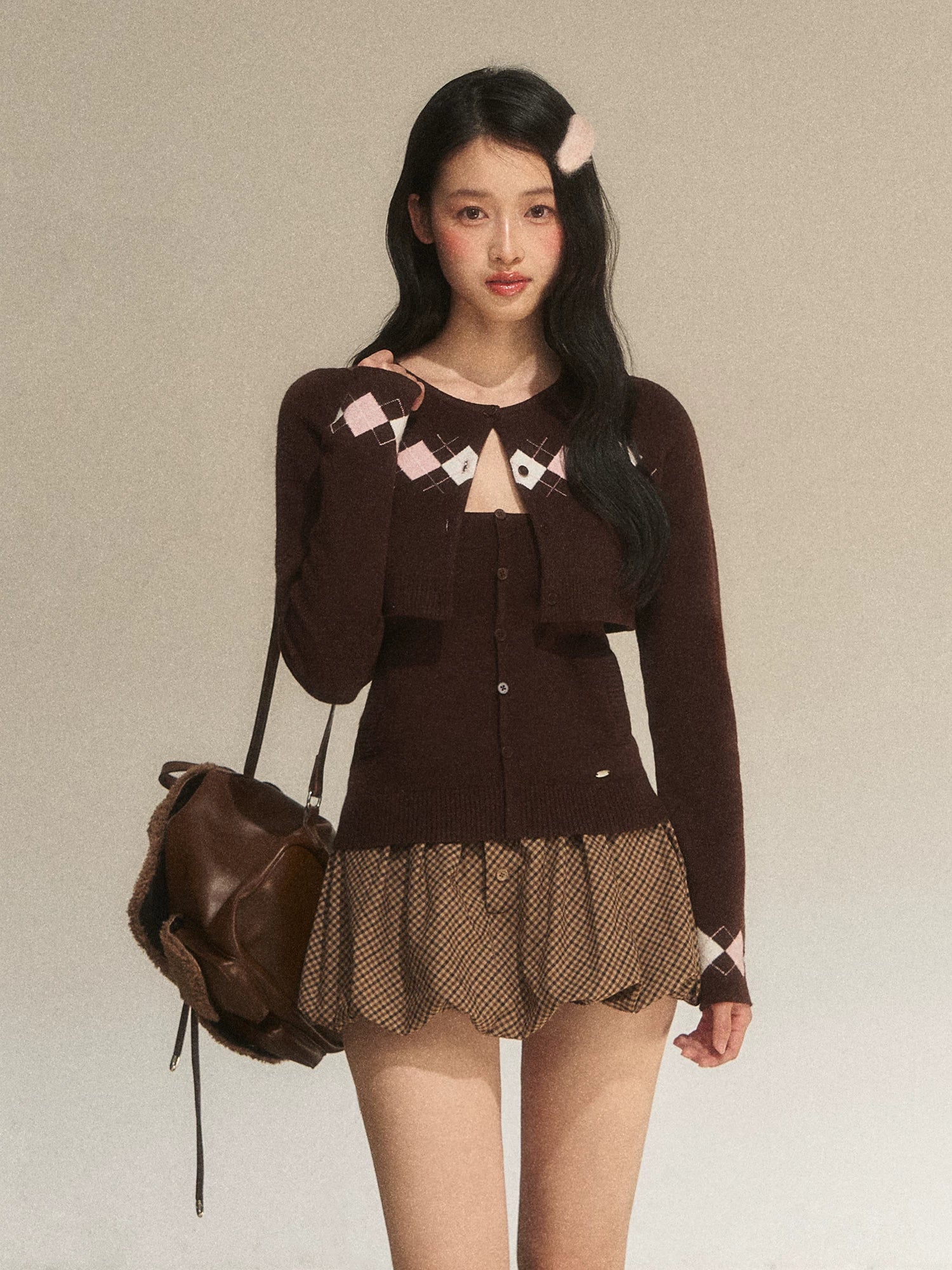 Brown Argyle Knit Cardigan Set