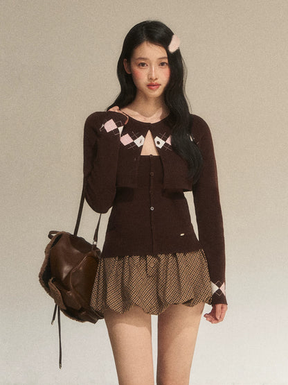 Brown Argyle Knit Cardigan Set