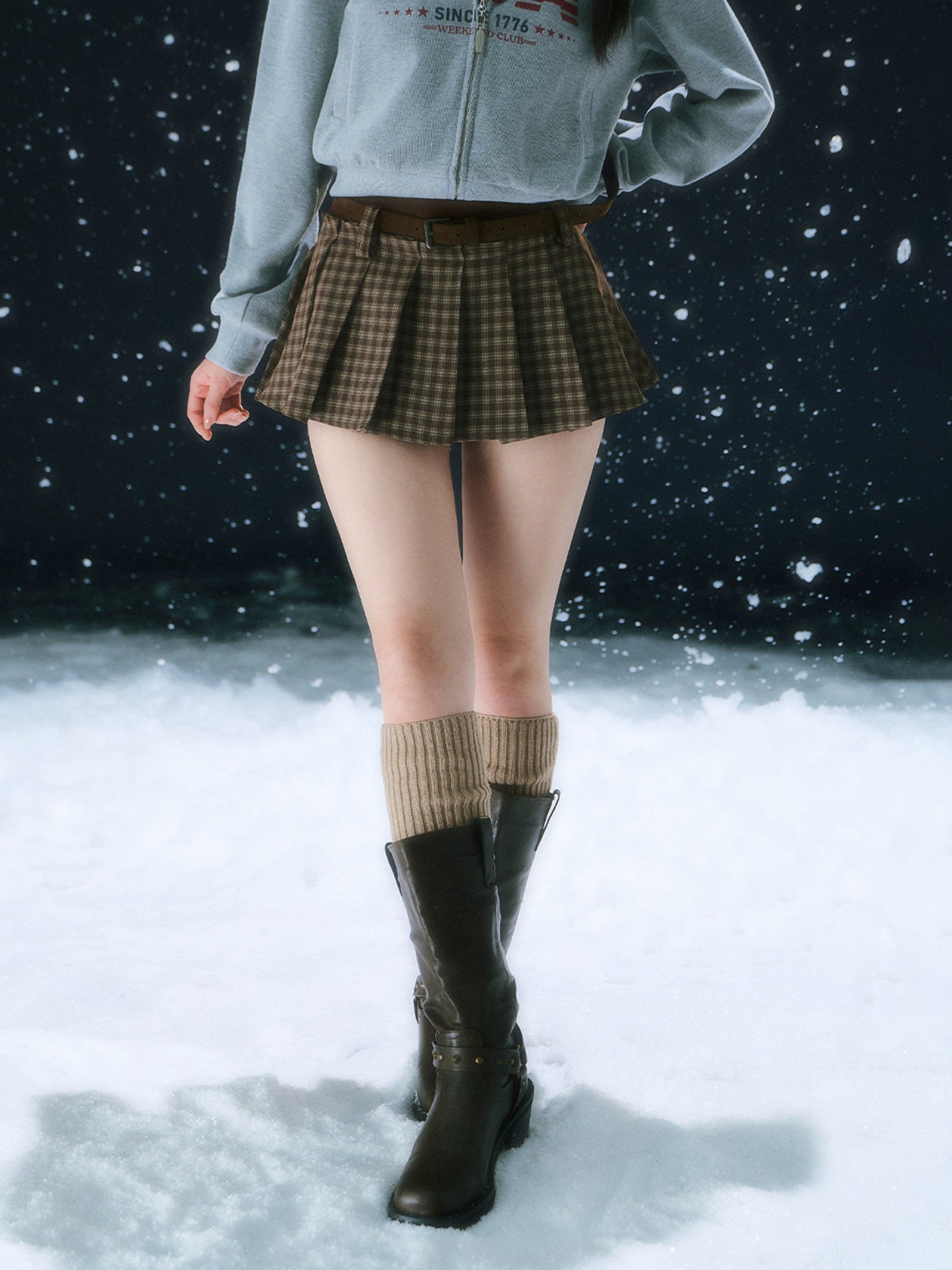 Dark Brown Retro Plaid Pleated Skirt