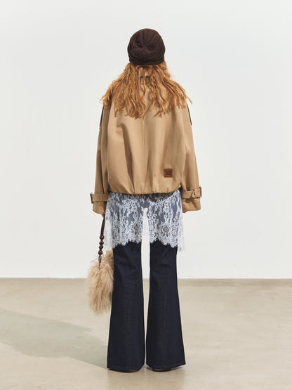 Plaid Lapel Double-Breasted Trench Coat