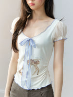 Lyocell Deer Ribbon Print Top
