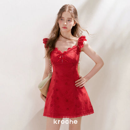 Red Embroidered Ruffle Dress