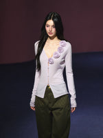 3D Rose Appliqué Sheer Knit Cardigan