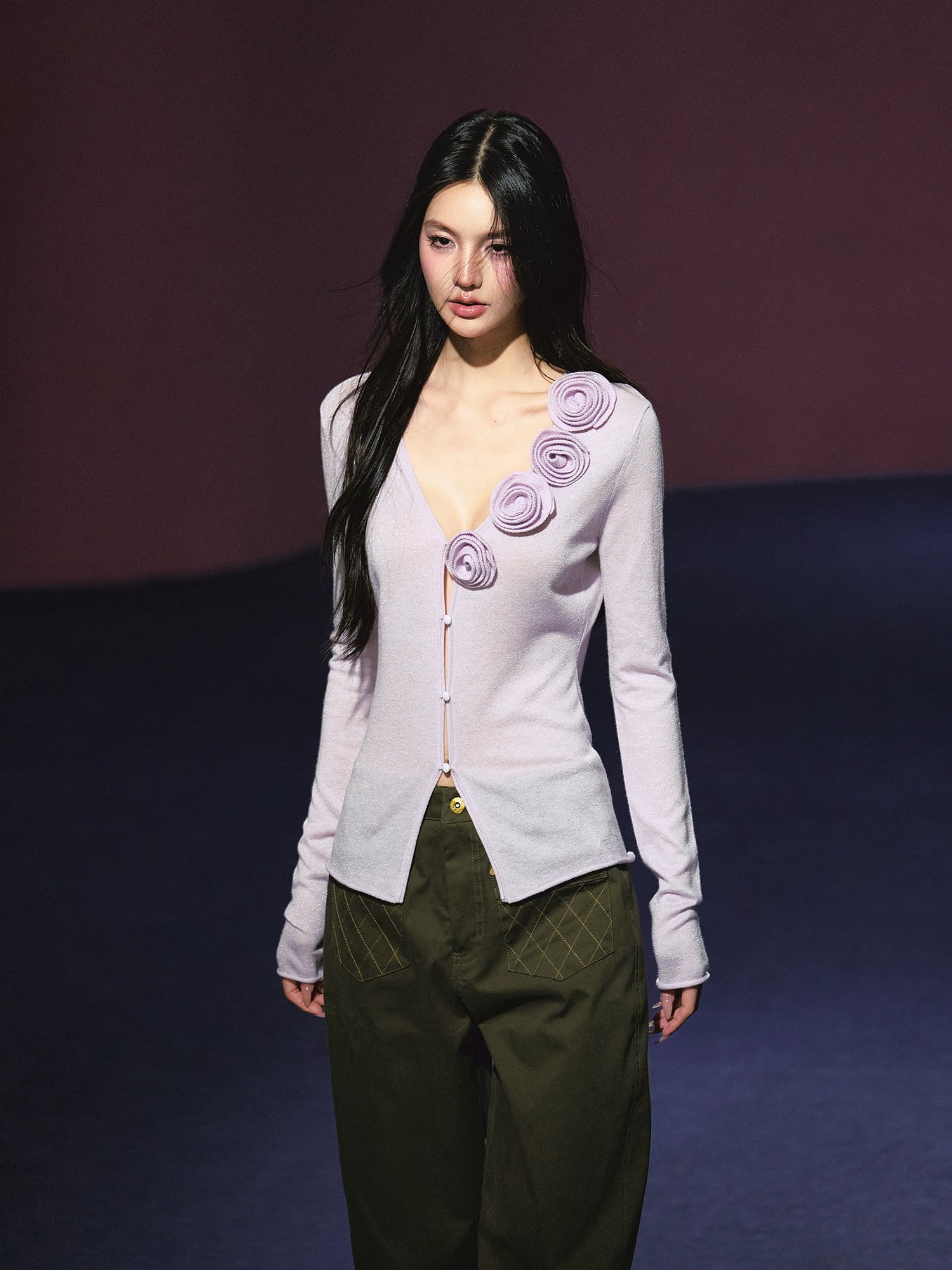 3D Rose Appliqué Sheer Knit Cardigan