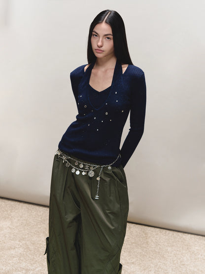 Wool Halter Sequin Long-Sleeve Top