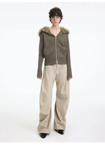 Hooded Fur Collar Knit Cardigan