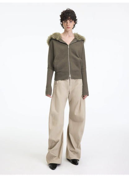 Hooded Fur Collar Knit Cardigan