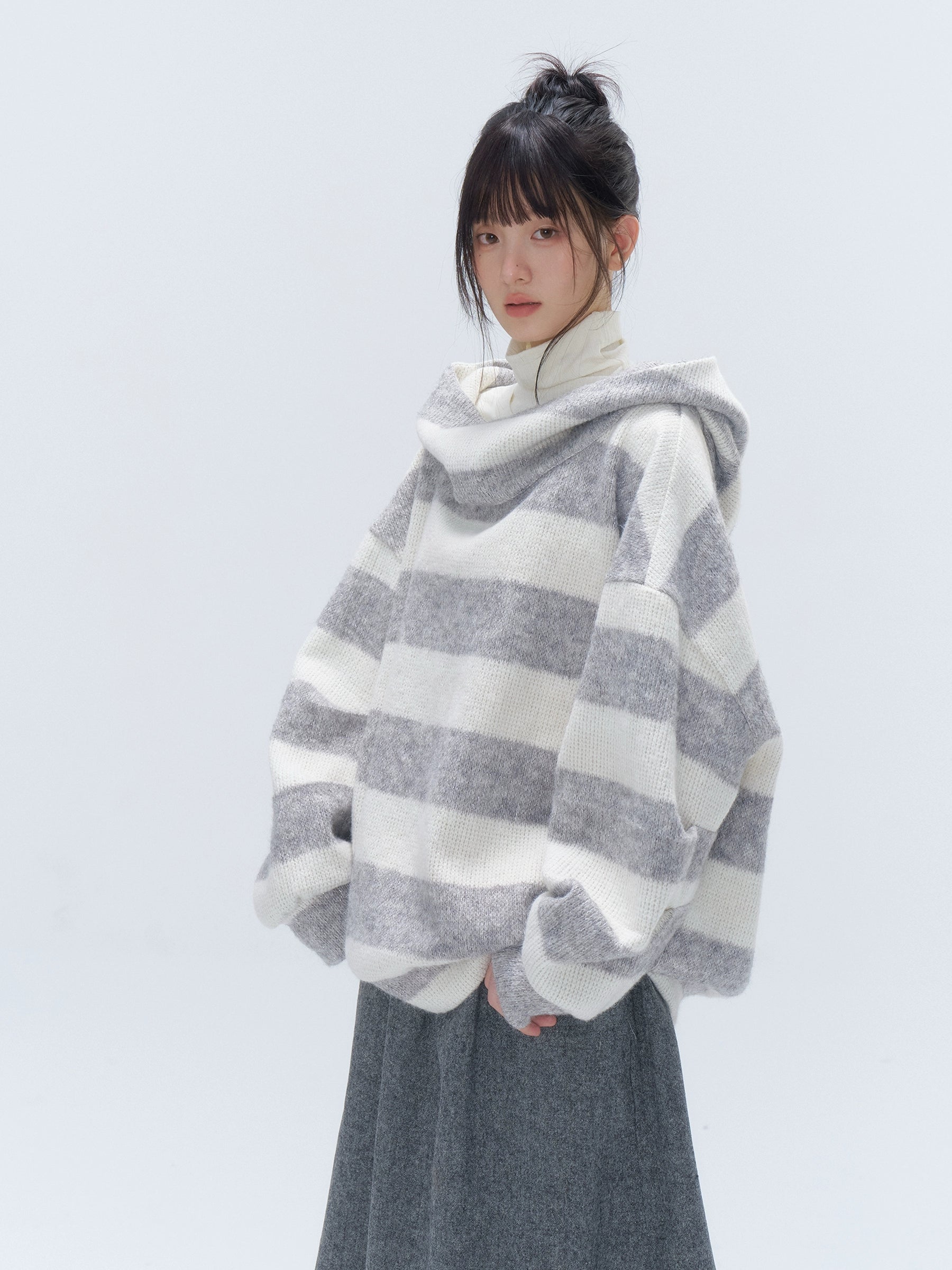 Metallic Striped Reversible Hooded Sweater