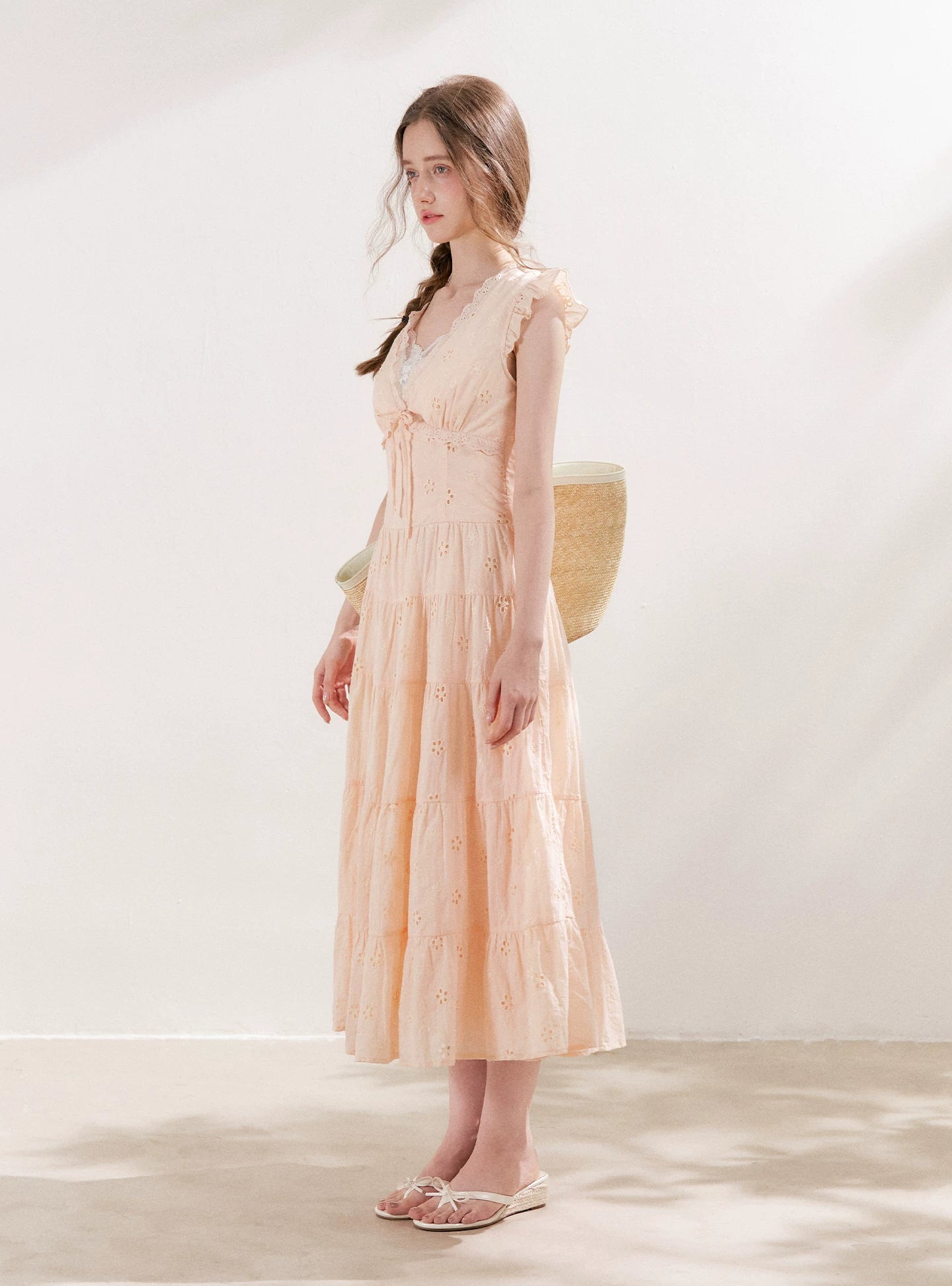 Apricot Orange Eyelet Tiered Dress