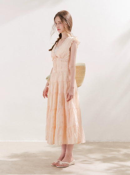 Apricot Orange Eyelet Tiered Dress