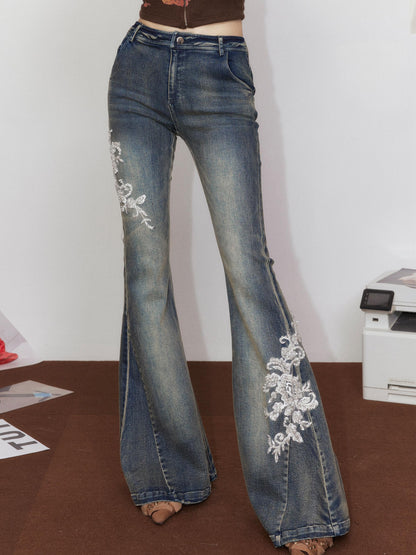White Embroidered Flared Washed Denim Jeans