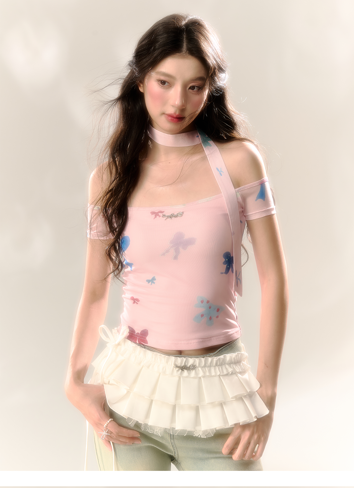 Red Polka Dot &amp; Pink Butterfly Mesh One-shoulder T-shirt