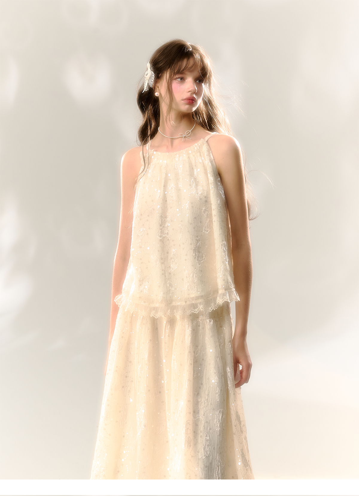 White Butterfly Lace Halter Top  &amp; Midi Skirt Set