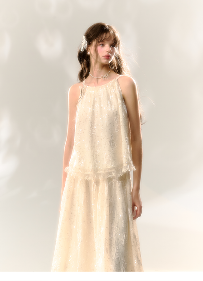 White Butterfly Lace Halter Top  &amp; Midi Skirt Set