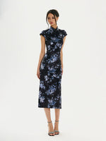 Black Floral Velvet Split Qipao Dress
