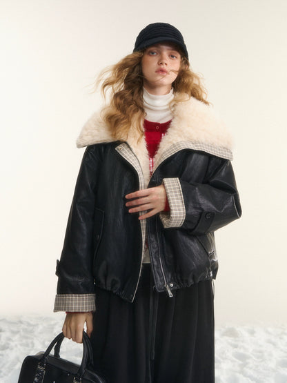 Plaid Faux Fur Collar Down Jacket