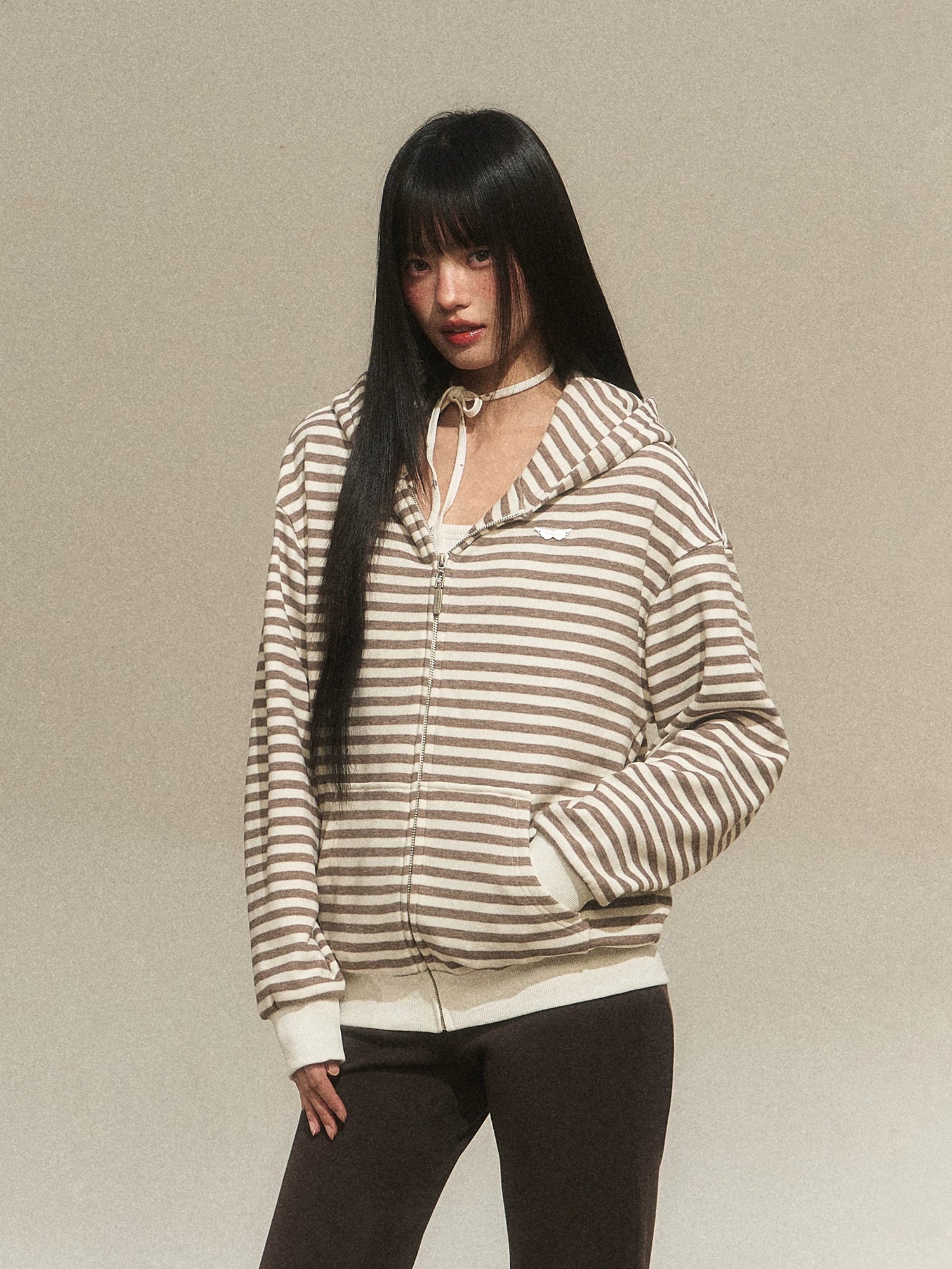 Cat Ear Stripe Zip Hoodie