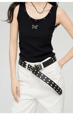 White & Black Butterfly Printed U-neck Tank Top