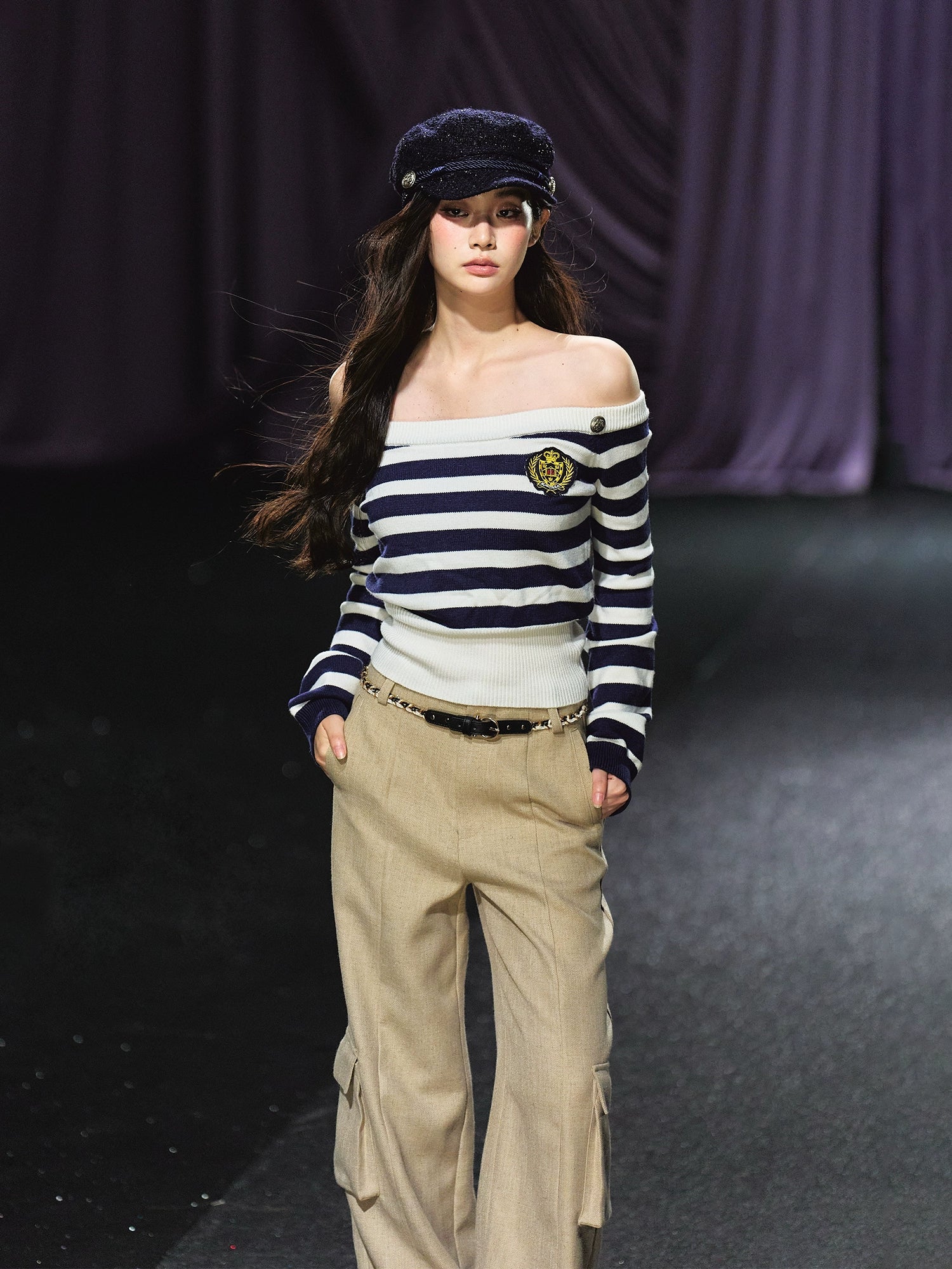 Off-Shoulder Sailor Stripe Sweater