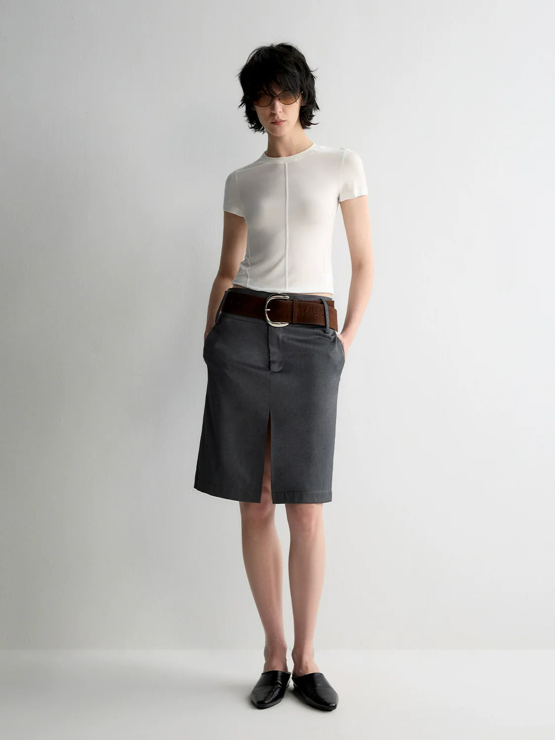 Grey Wool Double-layer Suit Midi Skirt
