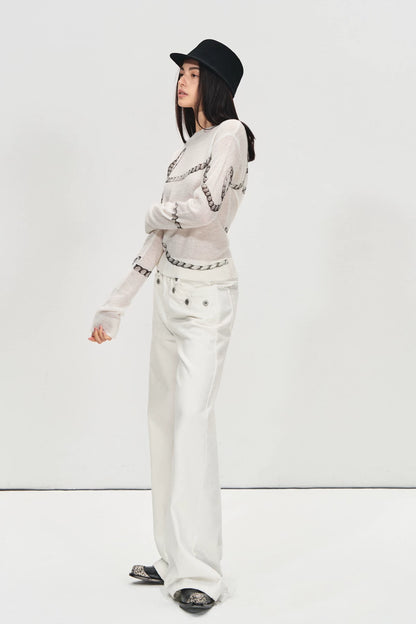 Snow-Washed Straight White Denim Pants