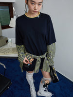 Fake Two-Piece Contrast Color Loose Striped T-Shirt