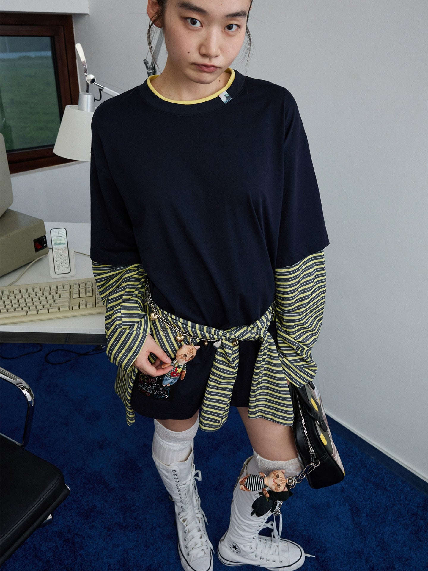 Fake Two-Piece Contrast Color Loose Striped T-Shirt