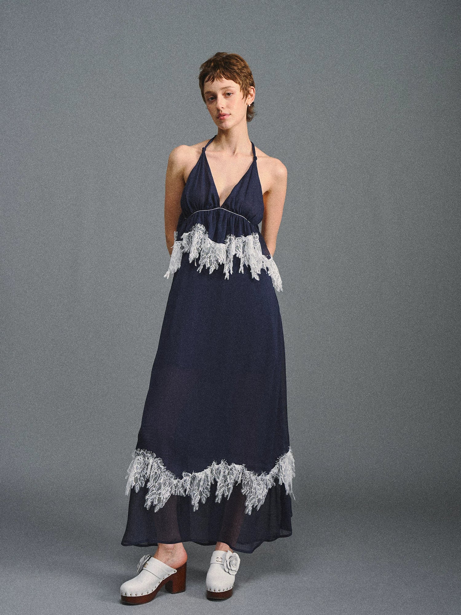 Navy Halter Lace Maxi Dress