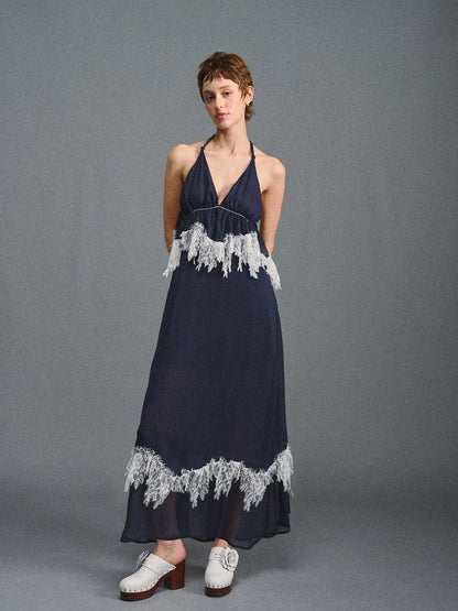 Navy Halter Lace Maxi Dress