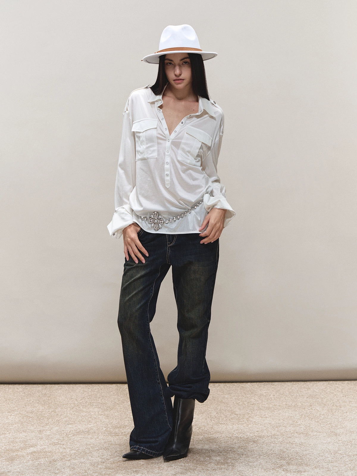 Satin-Sheen Knit Utility Shirt