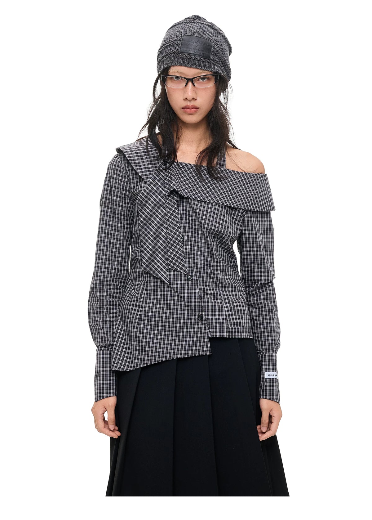 Asymmetric Plaid Off-Shoulder Shirt