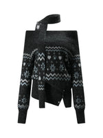 Gray Fair Isle Off-Shoulder Knit Sweater