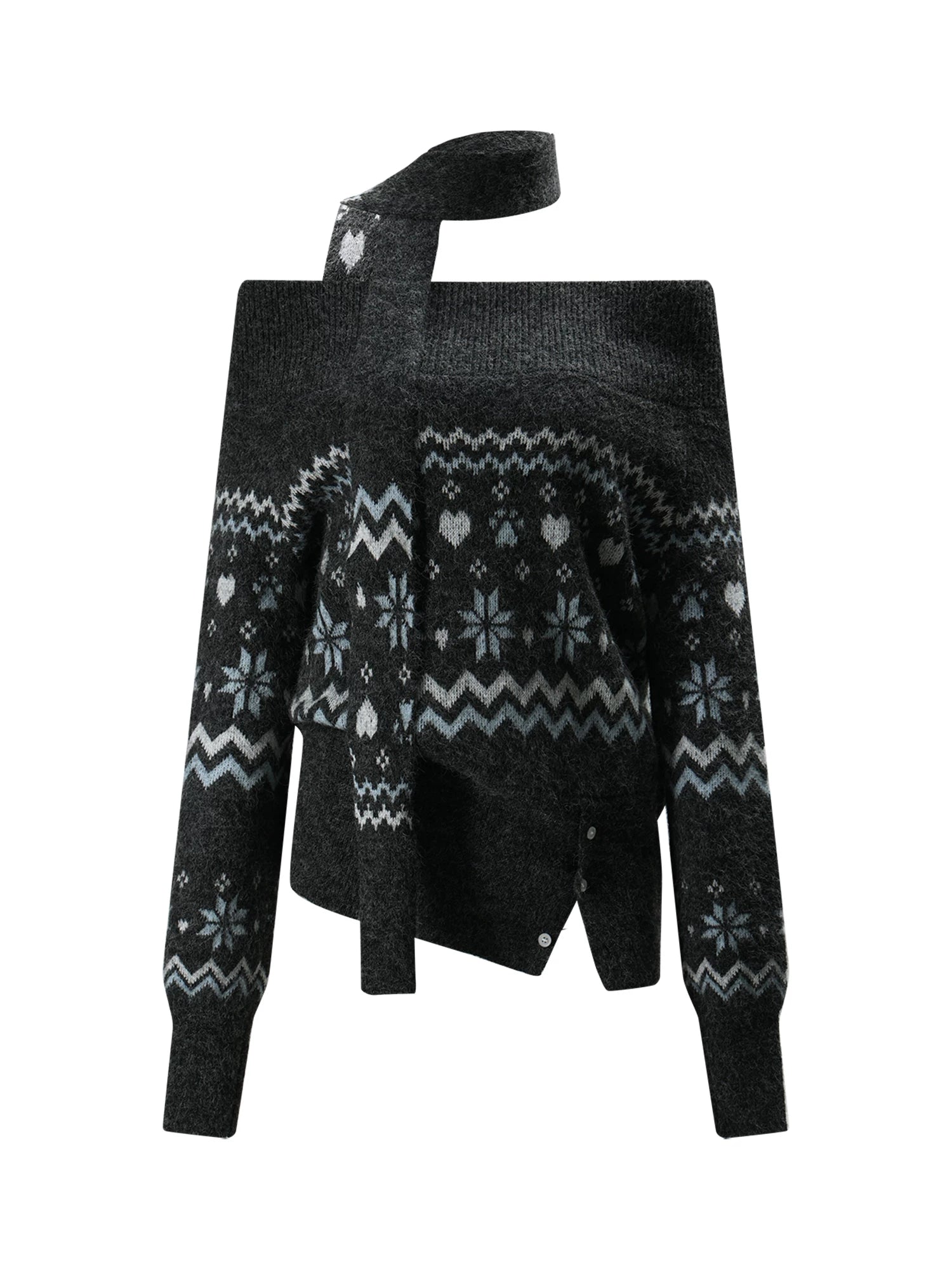 Gray Fair Isle Off-Shoulder Knit Sweater