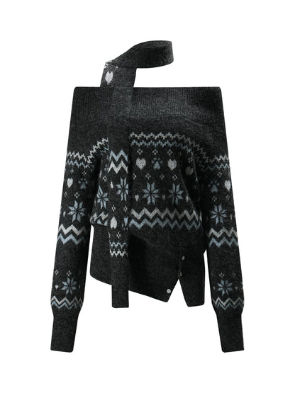 Gray Fair Isle Off-Shoulder Knit Sweater