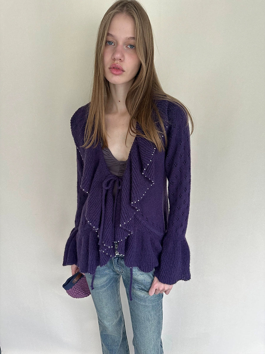 Two-Tone Openwork Ruffle Longline Cardigan