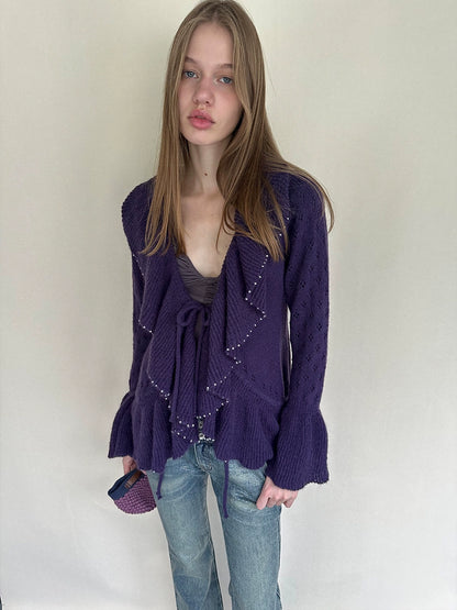 Two-Tone Openwork Ruffle Longline Cardigan