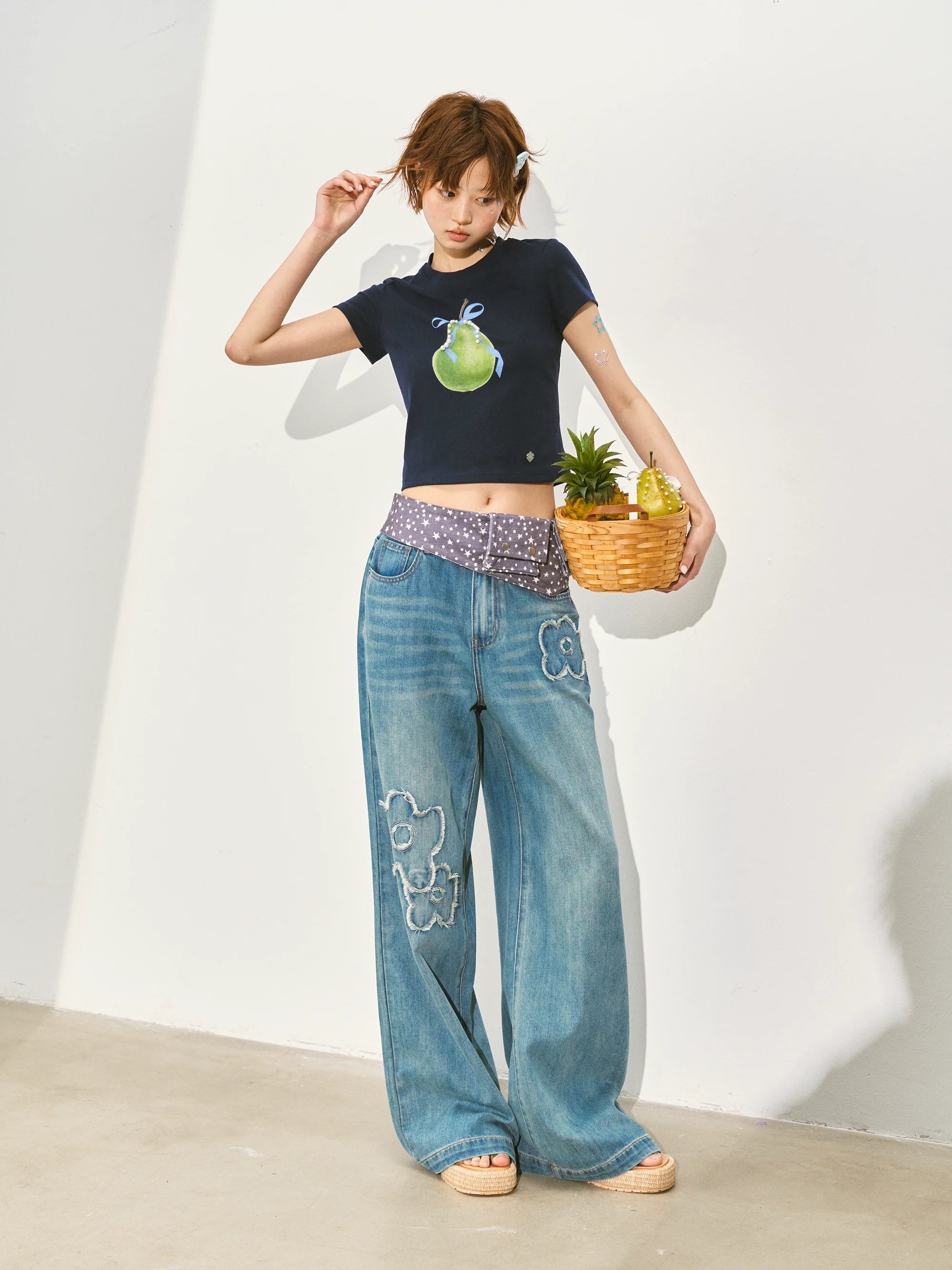 Pearl Bow Fruity Slim-fit Short Sleeve T-shirt