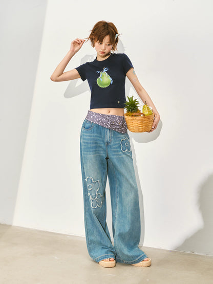 Pearl Bow Fruity Slim-fit Short Sleeve T-shirt