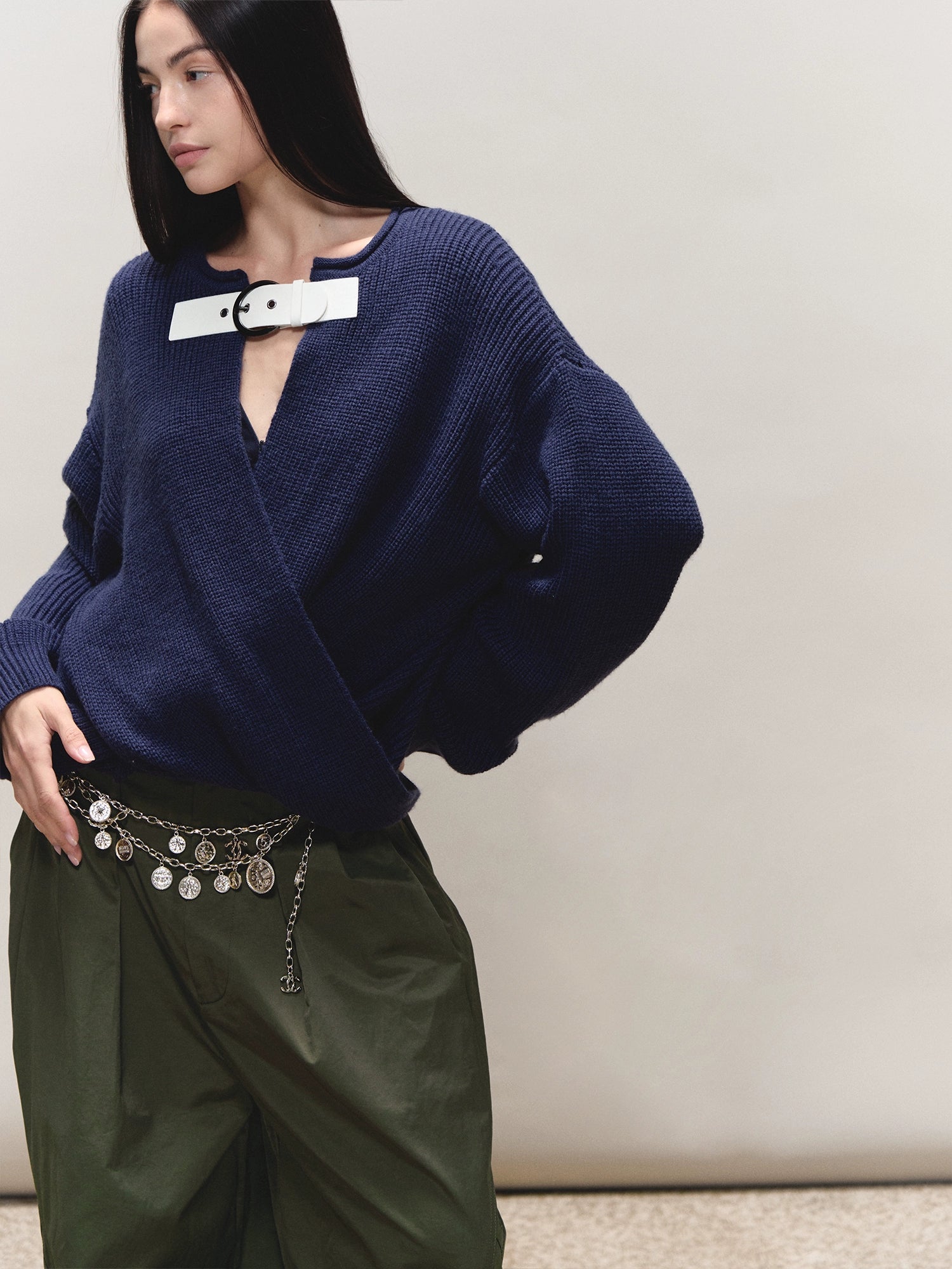 Wool V-Neck Buckle-Panel Sweater