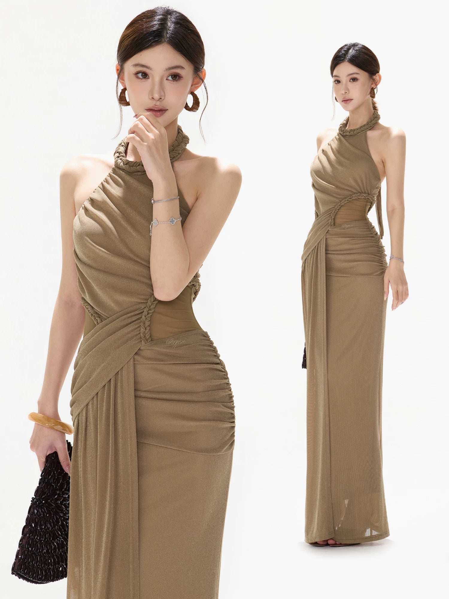 Halter Ruched Mesh Dress