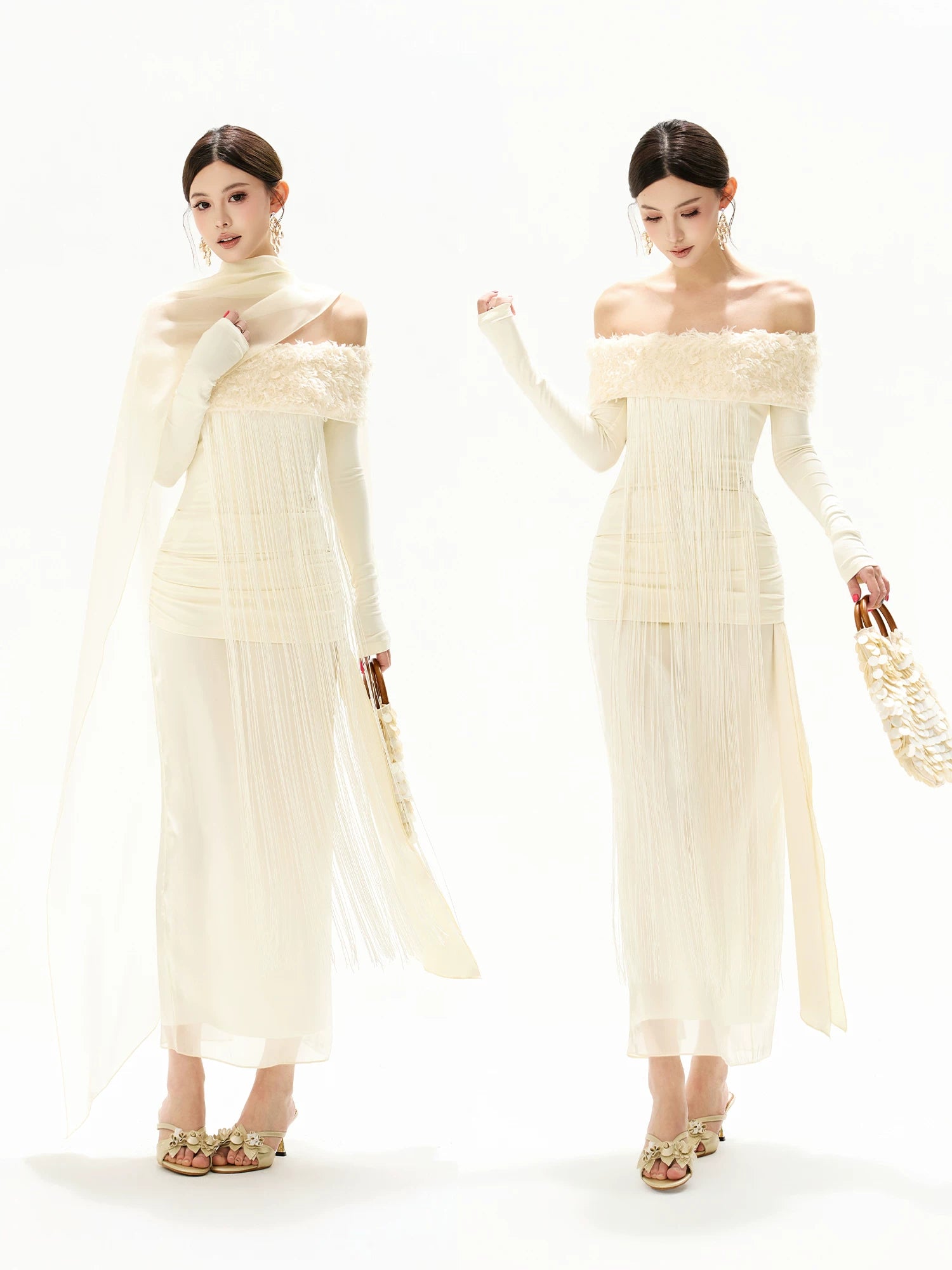 Feather Sequin Off-Shoulder Dress