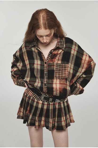 Tie-dye Plaid Shirt &amp; Mini Skirt Set