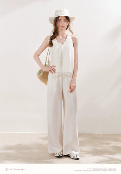 White Pleated Wide-Leg Pants
