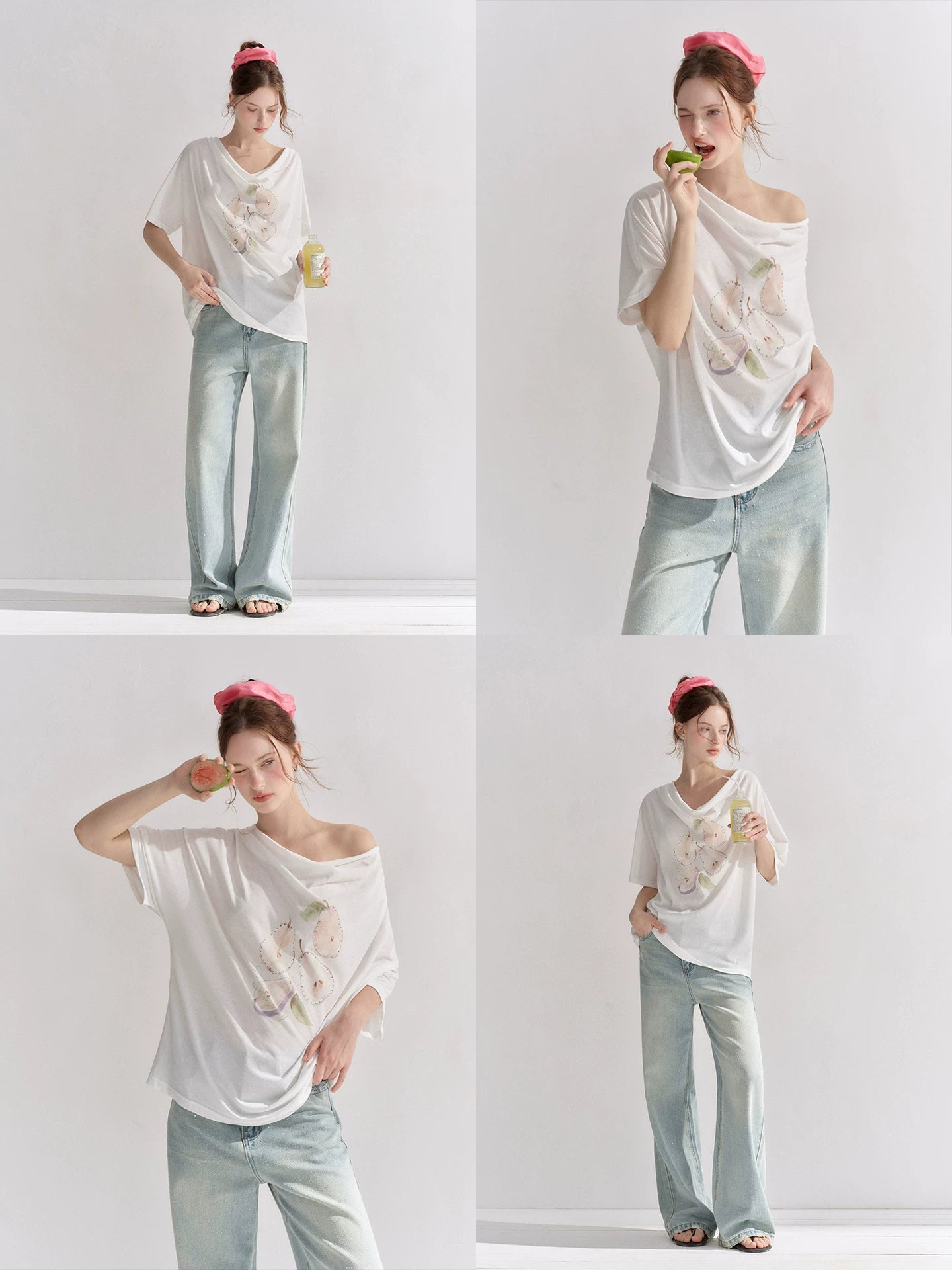 Rhinestone Pear Print Draped T-shirt
