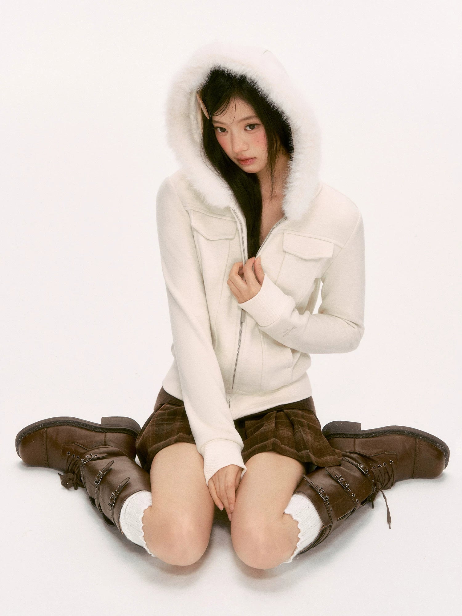Apricot Fur-Trim Hooded Jacket