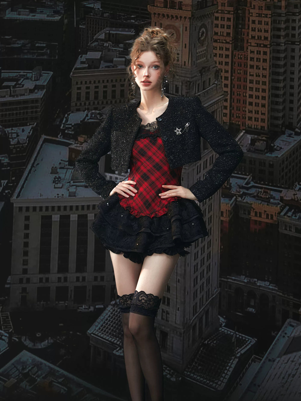 Red Plaid Lace Puff Dress Set