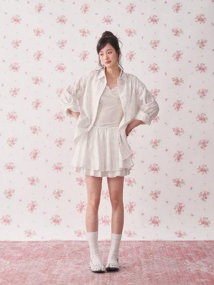 Lace Cutout Shirt &amp; Skirt Set